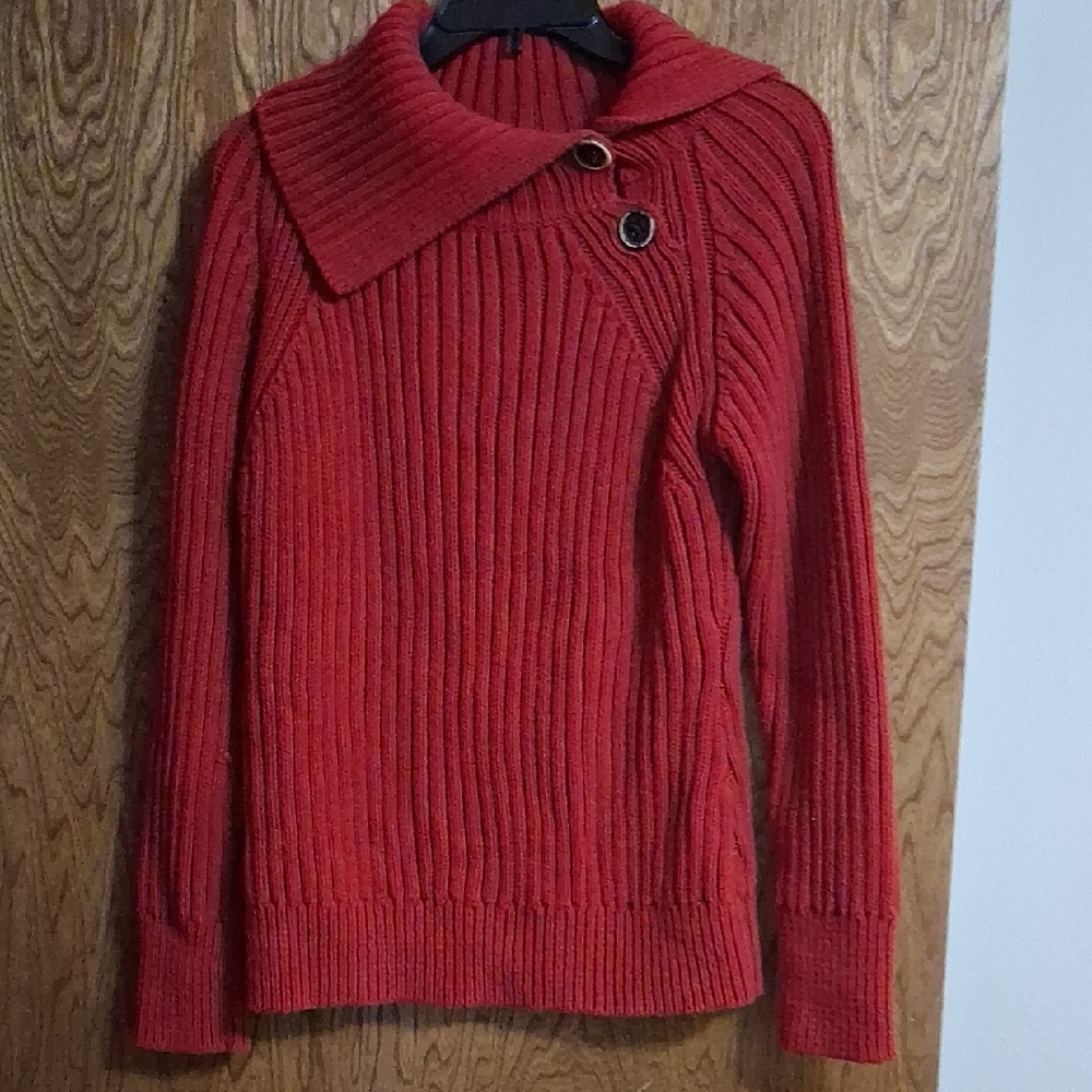 Ruff Hewn Ruby Red Ribbed Asymmetrical Button Turtleneck Sweater